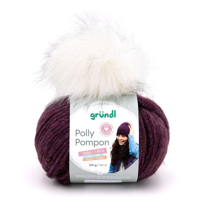 GRÜNDL Wolle 100g + Bommel Polly Pompon aubergine/lila-metallic/weiß