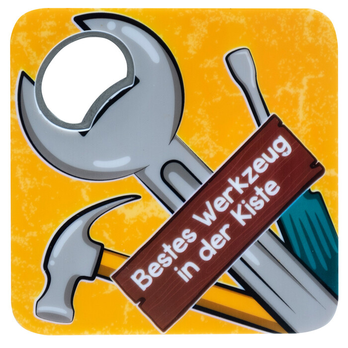 Untersetzer mit Flaschenöffner Bestes Werkzeug in der Kiste bunt