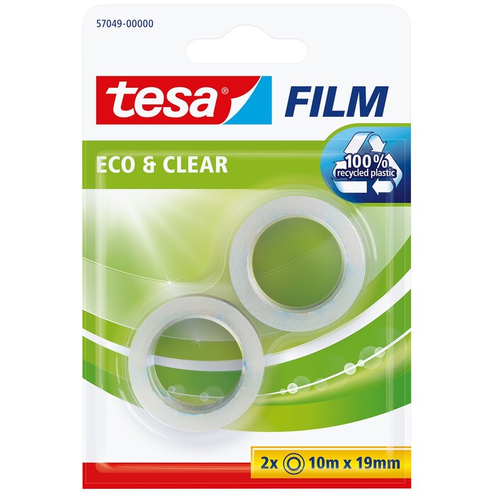 tesa Film Eco & Clear - Klebefilm Nachfüllung transparent, umweltfreundlich, 10m x 19mm, 2 Rollen