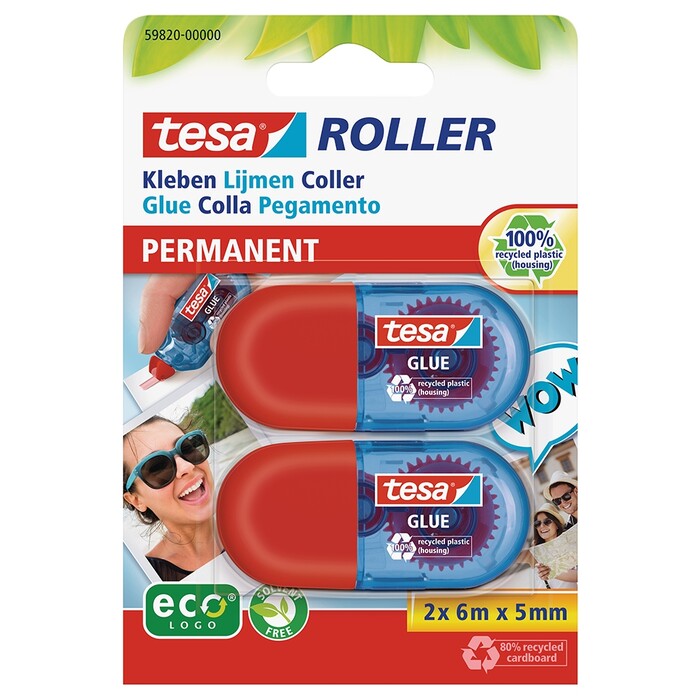 TESA Mini Kleberoller permanent mit Schutzkappe 6 m x 5 mm 2 Stück