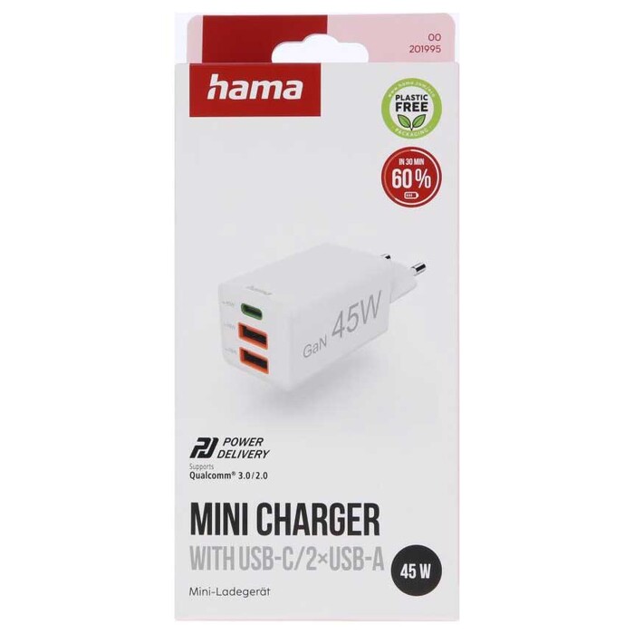 HAMA Mini-Ladegerät 45 W Power Delivery 1 x USB-C 2 x USB-A weiß