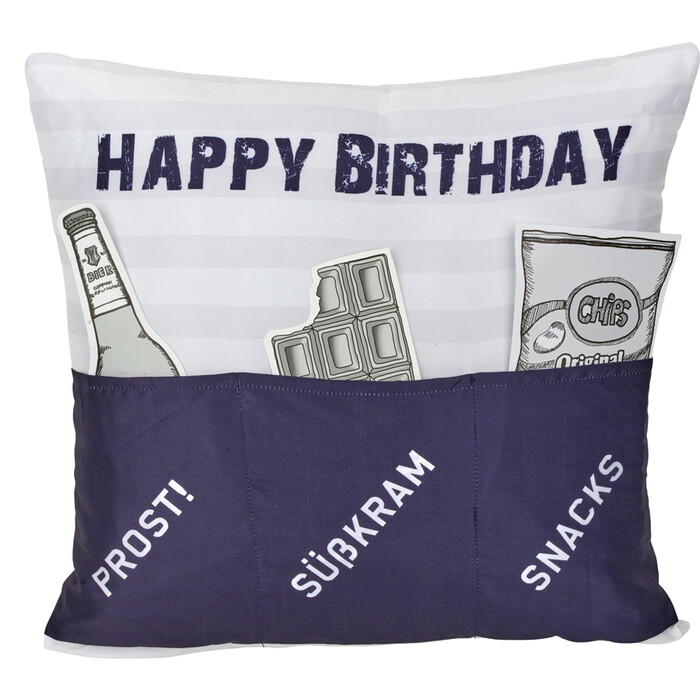 Kissen Happy Birthday mit 3 Taschen blau/weiss