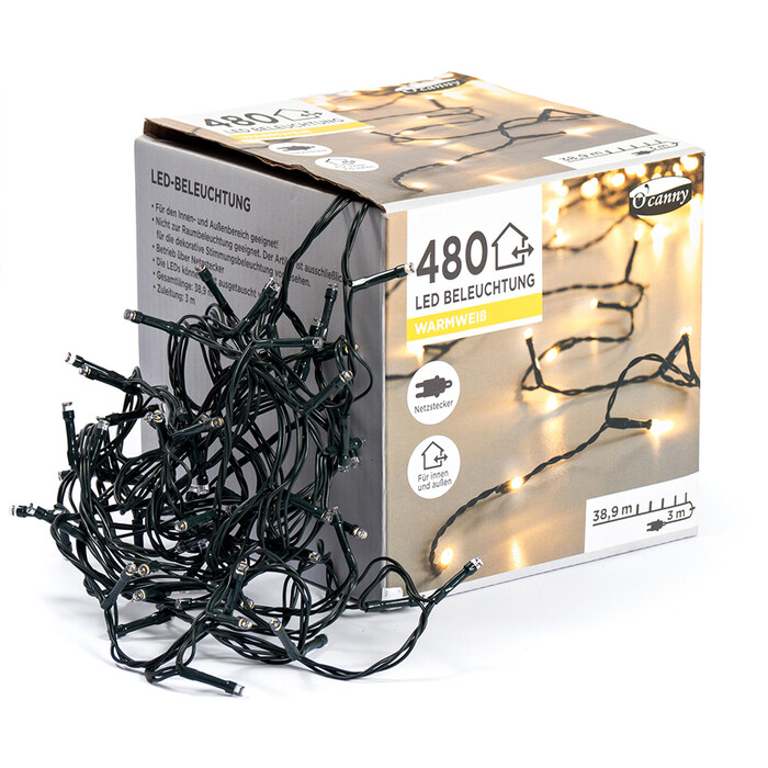 LED-Lichterkette mit 480 warmweißen Lämpchen + 38,9 m schwarzes Kabel