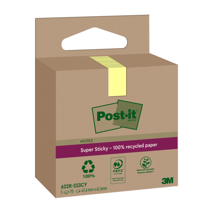 POST-IT Haftnotizen Super Sticky Recycling 47,6 x 47,6 mm 3 x 70 Bl. gelb