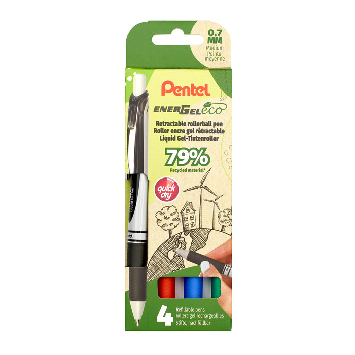 PENTEL Gelroller EnerGel BL77 Eco mit Druckmechanik 0,7 mm 4er Etui