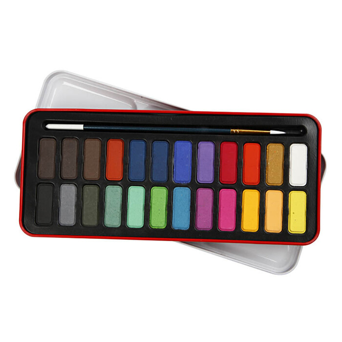 Aquarellfarben-Set, 24 Farben, in Metallkasten, inklusive Pinsel