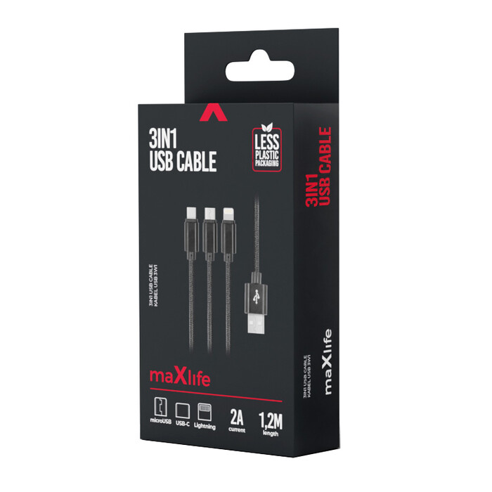 MAXLIFE 3in1 Kabel Lightning/USB-C/Micro-USB 1m schwarz