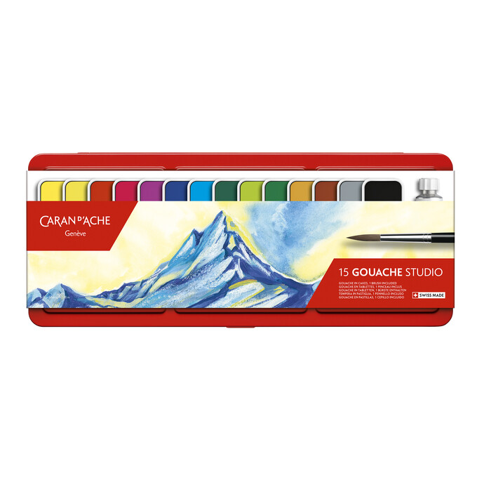 CARAN D'ACHE Deckmalkasten Gouache Studio 14 Farben mit Deckweiß/Pinsel