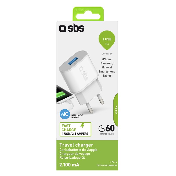 SBS Travel Charger 100/250V 2100mAh fast charge with USB white