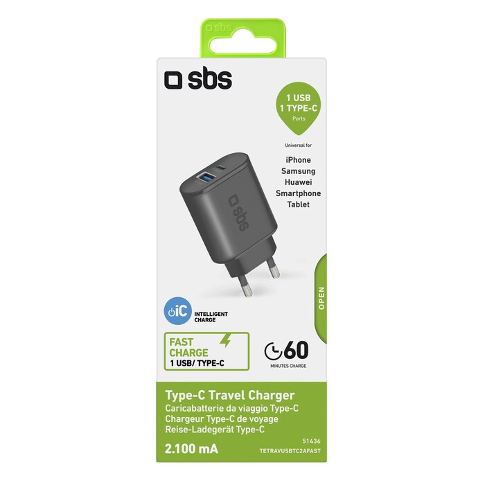 SBS Reise-Ladegerät USB-Typ A + C mit Schnellladefunktion schwarz
