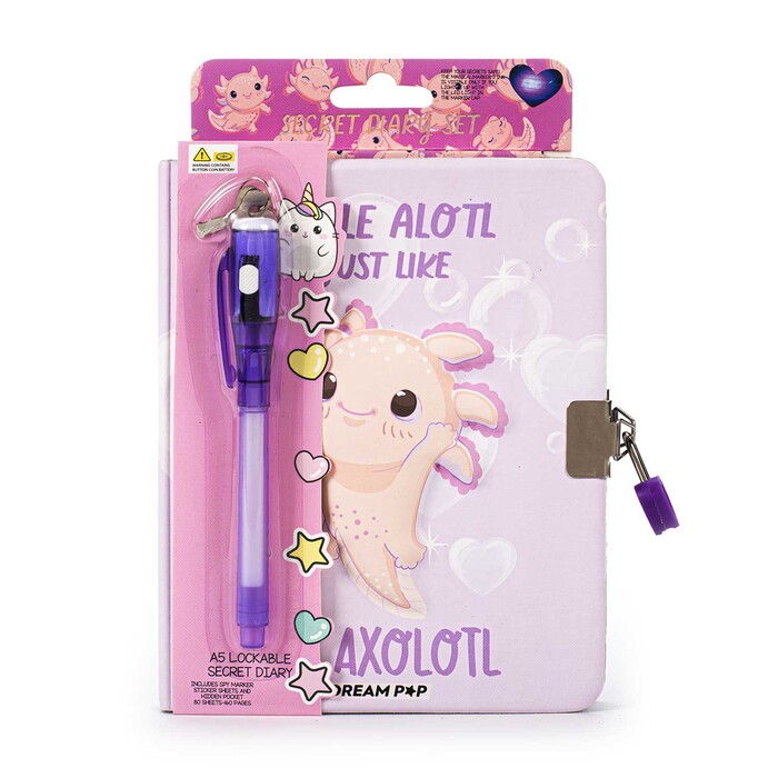 Tagebuch Dreampop Axolotl A5 mit Marker, Stickern und Schloss