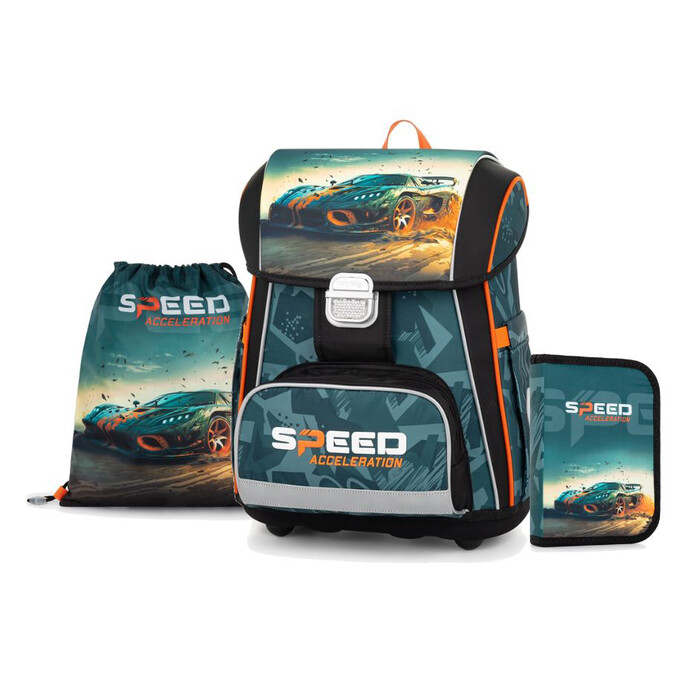 Schultaschen-Set Premium Cool Rennauto 4-teilig grün