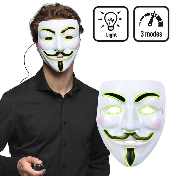 Maske Guy Fawkes mit 3 Lichtmodi weiß