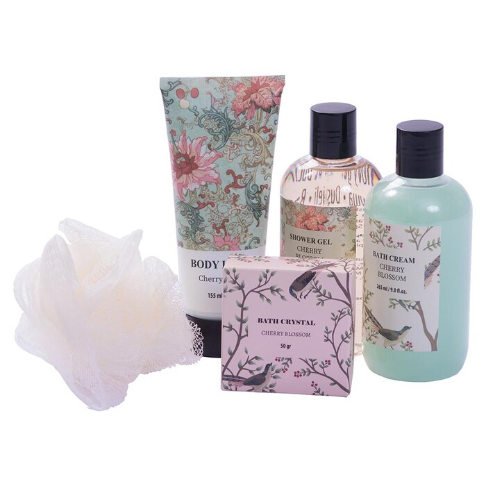 Bade-Set mit Duschgel, Cremebad, Körperlotion, Badekristalle und Badeschwamm