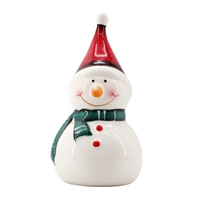 Schneemann aus Keramik 13 cm weiß/rot/grün