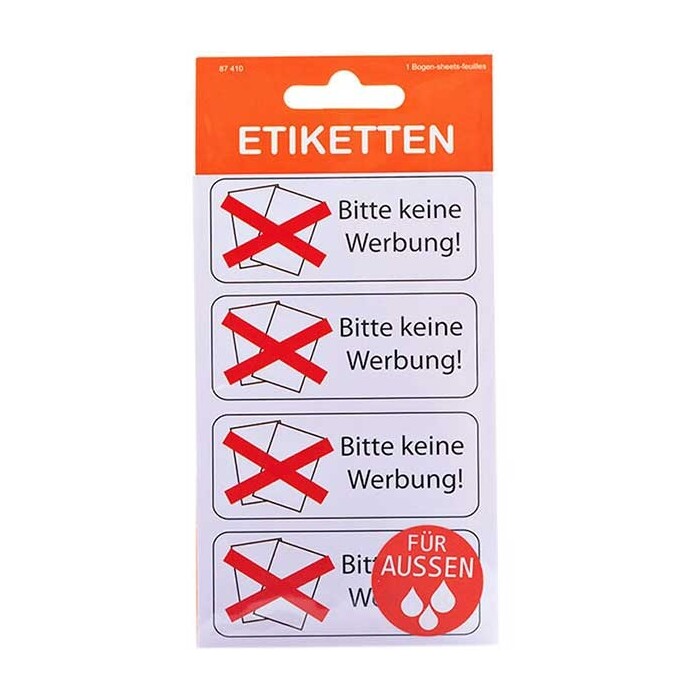 Etiketten Bitte keine Werbung, für Außen, weiß