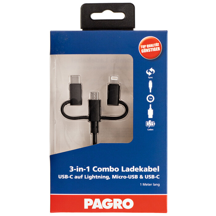 PAGRO 3-in-1 Combo Ladekabel USB-C auf Lightning, Micro-USB & USB-C schwarz