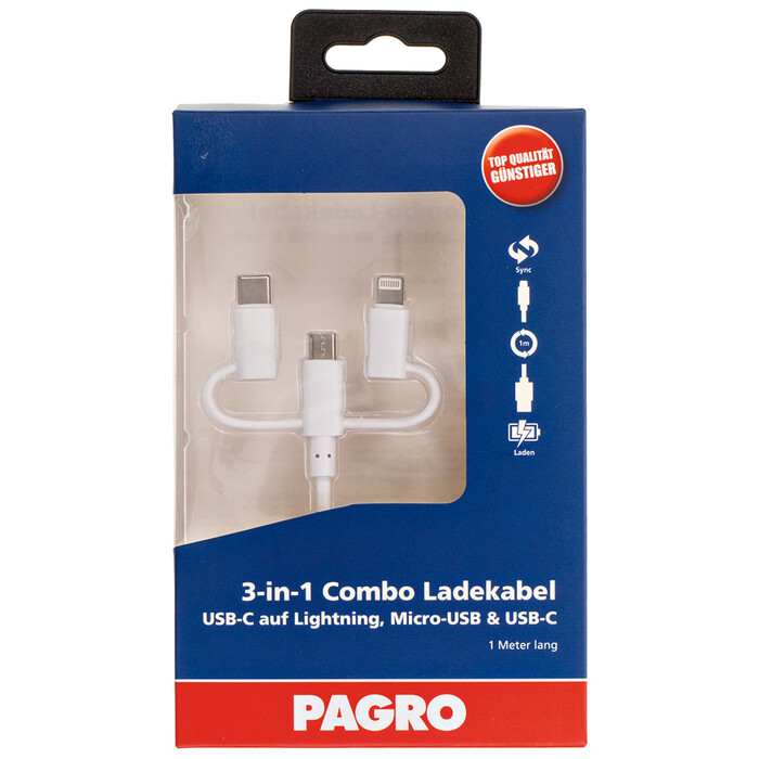 PAGRO 3-in-1 Combo Ladekabel USB-C auf Lightning, Micro-USB & USB-C weiß