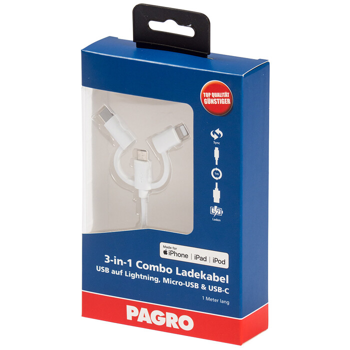 PAGRO 3-in-1 Lightning/Micro-USB/USB-C Ladekabel weiss