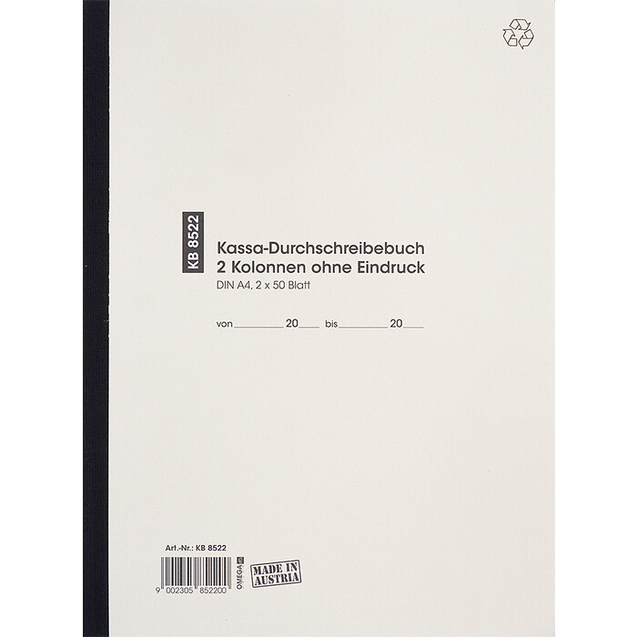 OMEGA Kassabuch, KB 8522, A4, 2 x 50 Blatt, 2-reihig