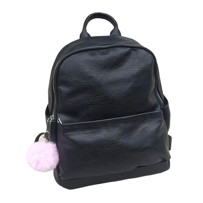 Cityrucksack aus veganem Leder mit Plüschanhänger schwarz