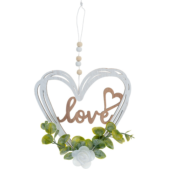 Hängedeko Holzherz Love mit Kunstblumen 17,5 x 29 cm weiß