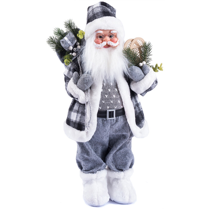 Standdeko Santa 64 cm mit karierter Mütze grau
