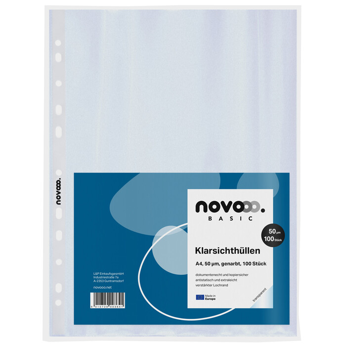 NOVOOO Basic Klarsichthüllen A4 50 mµ genarbt 100 Stück