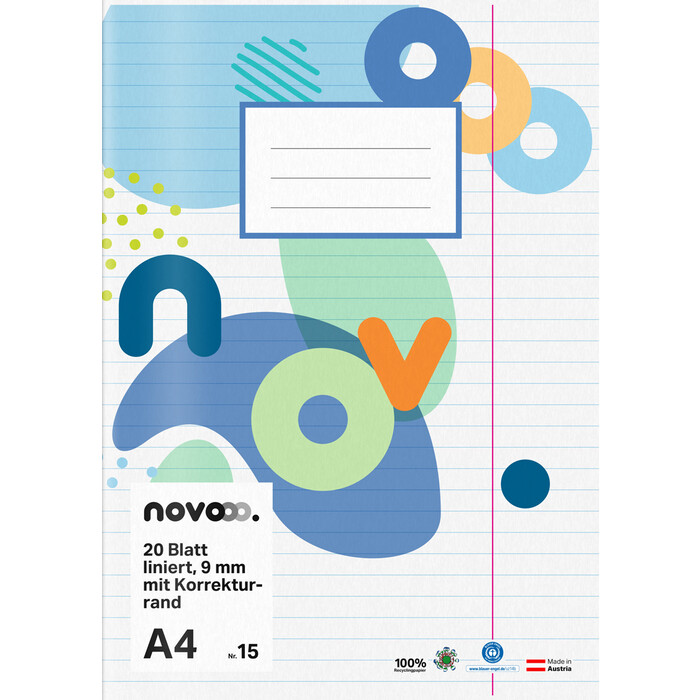 NOVOOO Heft A4 20 Blatt liniert 9 mm mit Korrekturrand Nr. 15