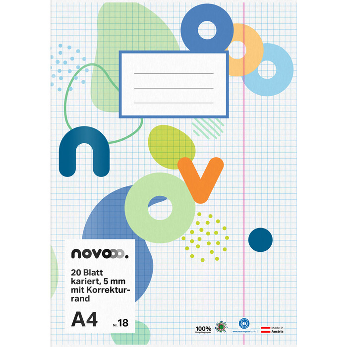 NOVOOO Heft A4 20 Blatt kariert 5 mm mit Korrekturrand Nr. 18