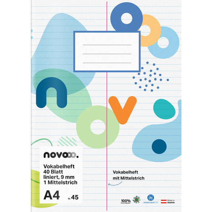 NOVOOO Vokabelheft A4 40 Blatt liniert 9 mm mit Mittelstrich Nr. 45