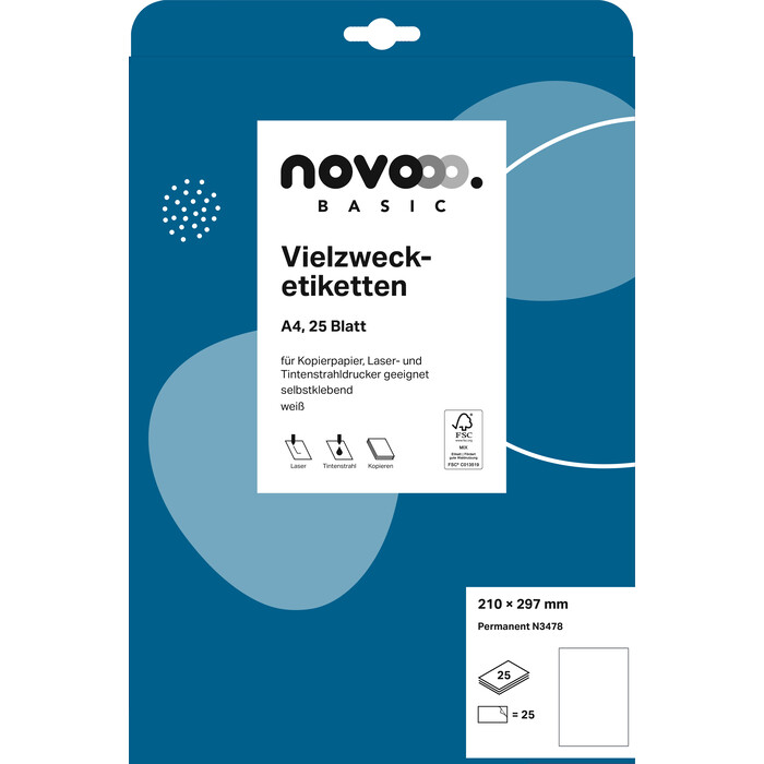 NOVOOO Basic Etiketten 210 x 297 mm N3478 permanent 25 Bl. weiß