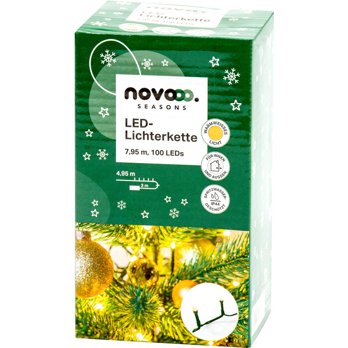 NOVOOO Seasons LED-Lichterkette mit 100 warmweißen Lämpchen + 7,95 m schwarzes Kabel