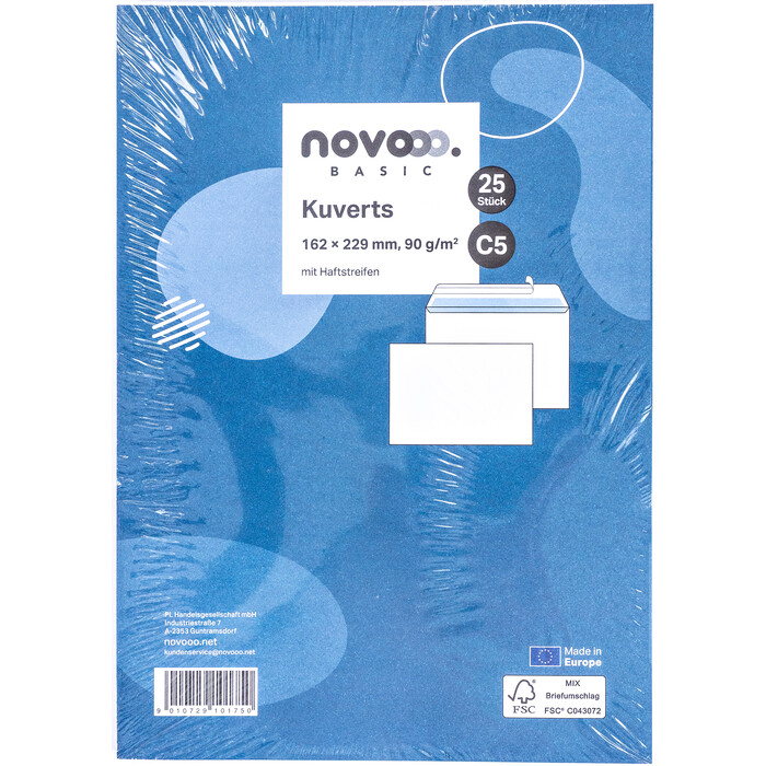 NOVOOO Basic Kuverts C5 mit Haftstreifen 25 Stück weiß
