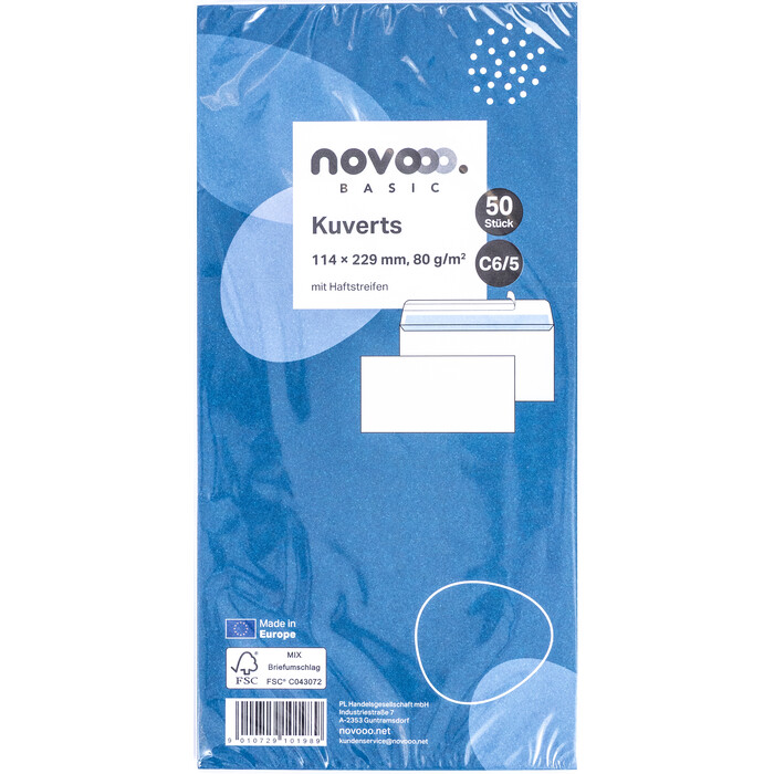 NOVOOO Basic Kuverts C6/5 mit Haftstreifen 50 Stück weiß