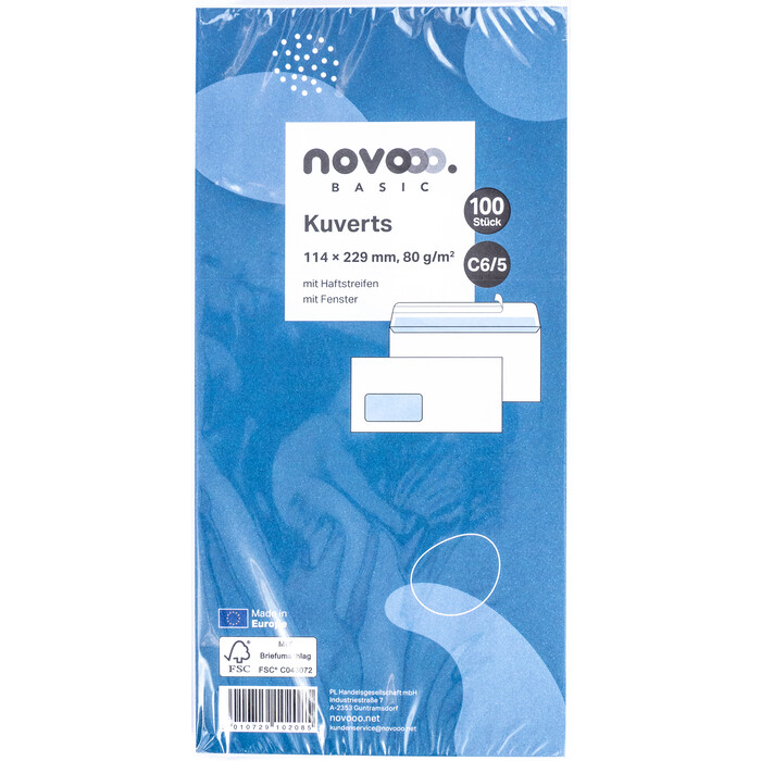 NOVOOO Basic Kuverts C6/5 mit Fenster 100 Stück weiß