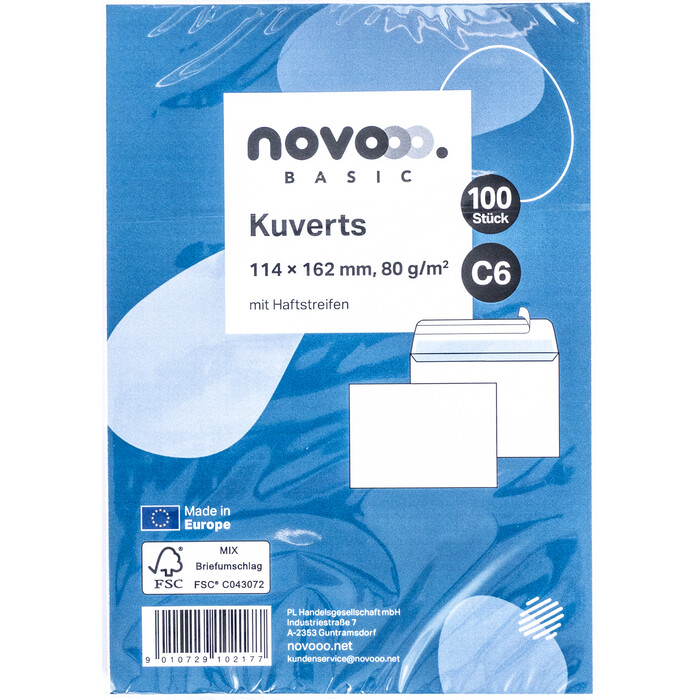 NOVOOO Basic Kuverts C6 mit Haftstreifen 100 Stück weiß