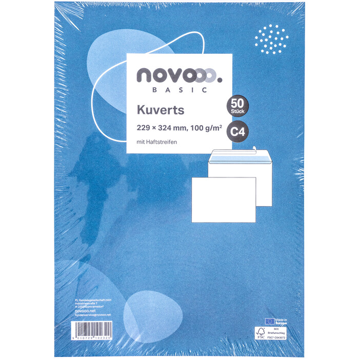 NOVOOO Basic Kuverts C4 mit Haftstreifen 50 Stück weiß