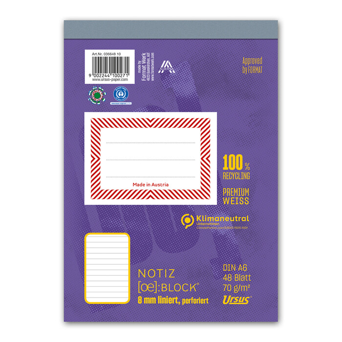 Notizblock A6 48 Blatt 8 mm liniert