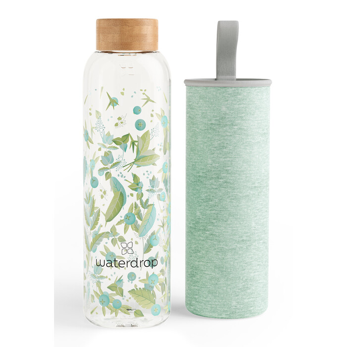WATERDROP Trinkflasche aus Glas inkl. Sleeve 600 ml green melange