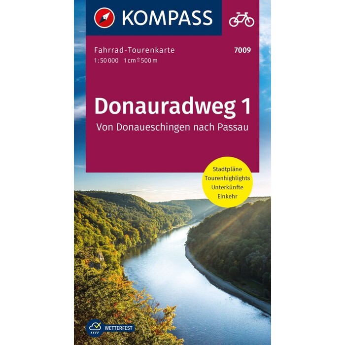 KOMPASS Fahrrad-Tourenkarte Donauradweg 1, von Donaueschingen nach Passau 1:50.000